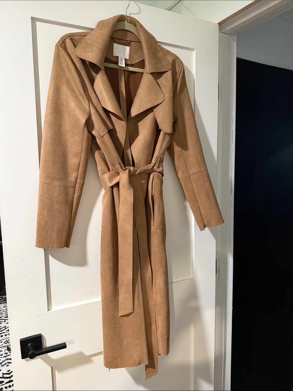 H&M Tan Suede-Look Belted Trench Coat- faux suede